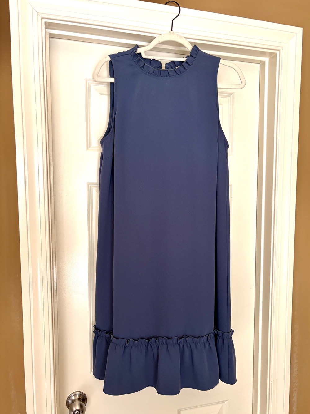 LOFT Slate Blue Sleeveless Ruffle-Neck Shift Dress